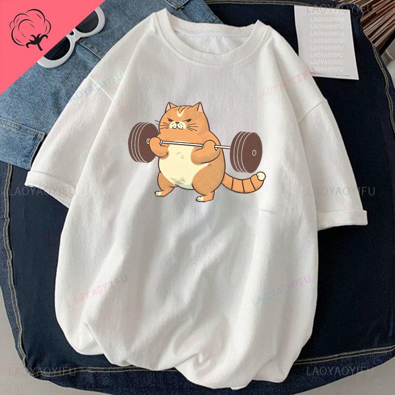 Cat Weightlifting Printed T-shirt Work Out Funny Gym Design Sticker Graphic High Quality Cotton T Shirts Men Clothing Camisetas