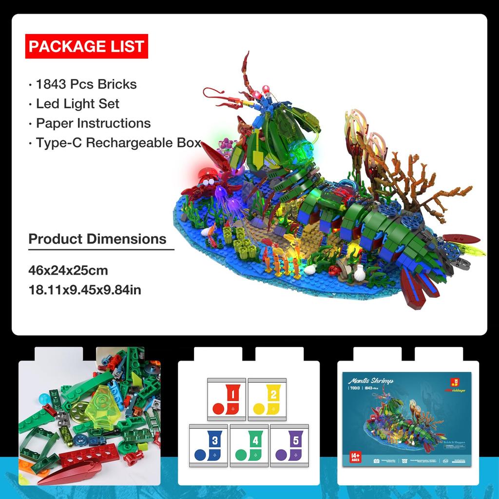JMBricklayer Mechanic Mantis Shrimp Building Blocks Set with LED Lights, Marine Life 70013, Sea Animal Model with Jellyfish, Crab, and Coral Reef,
