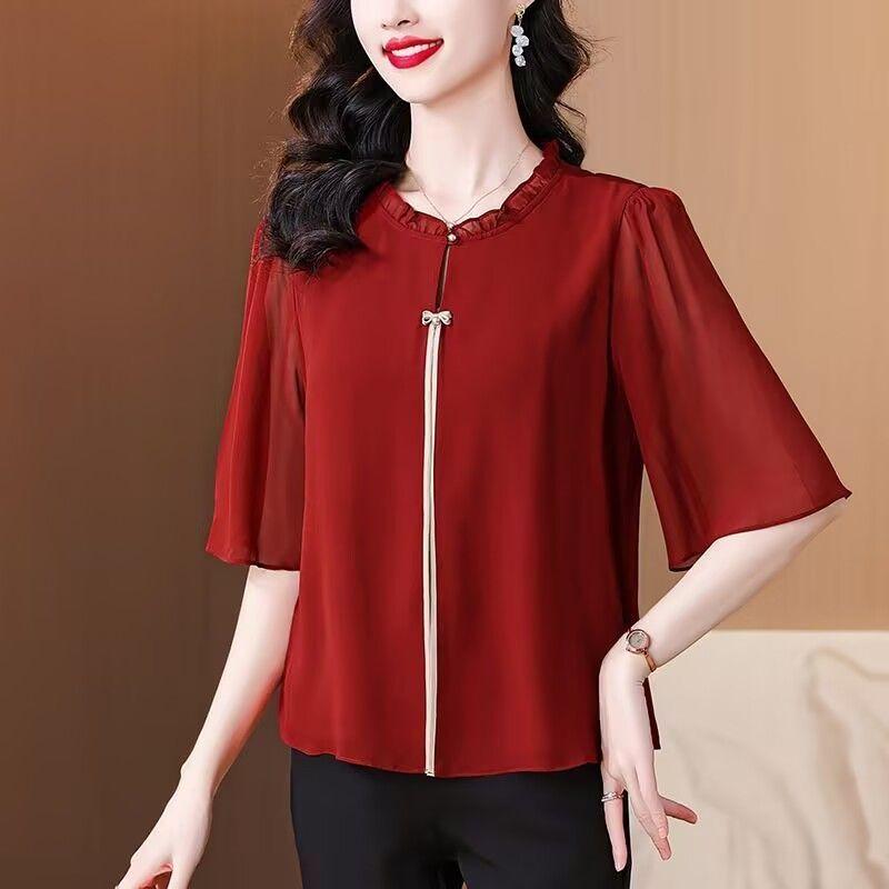2025 Neue Mode Kurzärmeliges Chiffonhemd Rundhalsausschnitt Kurzärmelig Vielseitiges Oberteil Locker Lässig Elegantes T-Shirt