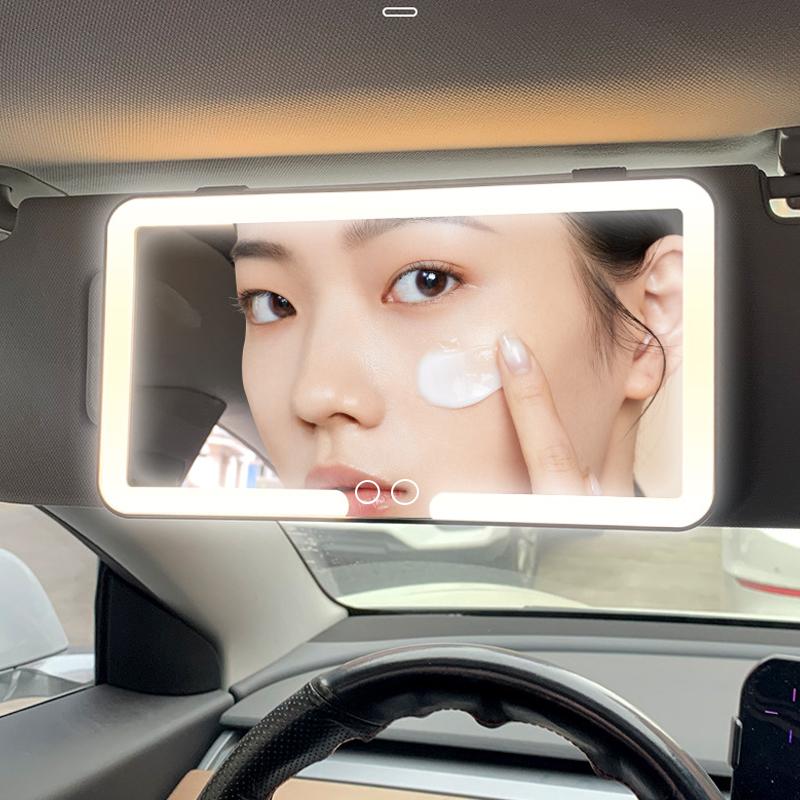 1Pc Portable Car Led Makeup Mirror Hd Mirror Three Gear Adjustment Sun Visor Plate Universal Interior Rear Mirror Vanity Mirror
