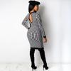 Houndstooth Print Dame Langermet Midi Dress Hollow Out Bodycon Sexy Streetwear Autumn Winter Club Elegant Slank