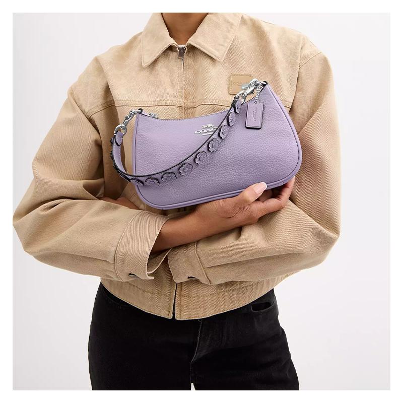 Coach Teri 25 Floral Appliqué Hardware Pebbled Leather Shoulder Crossbody Tote Medium Women's Purple