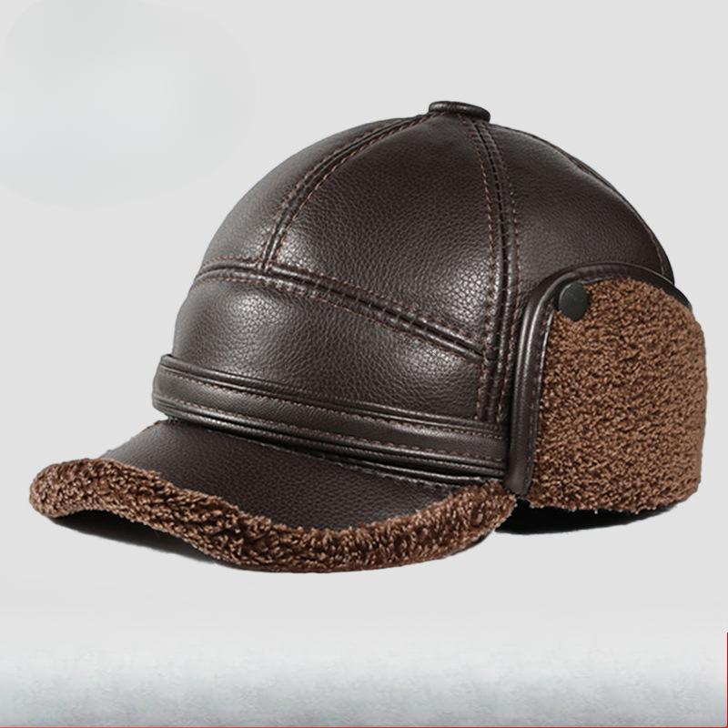 High Quality  Winter Leather Hat Men Fur  Warm Thick Earflaps Bomber Hats Men's Baseball Cap Russian Hat