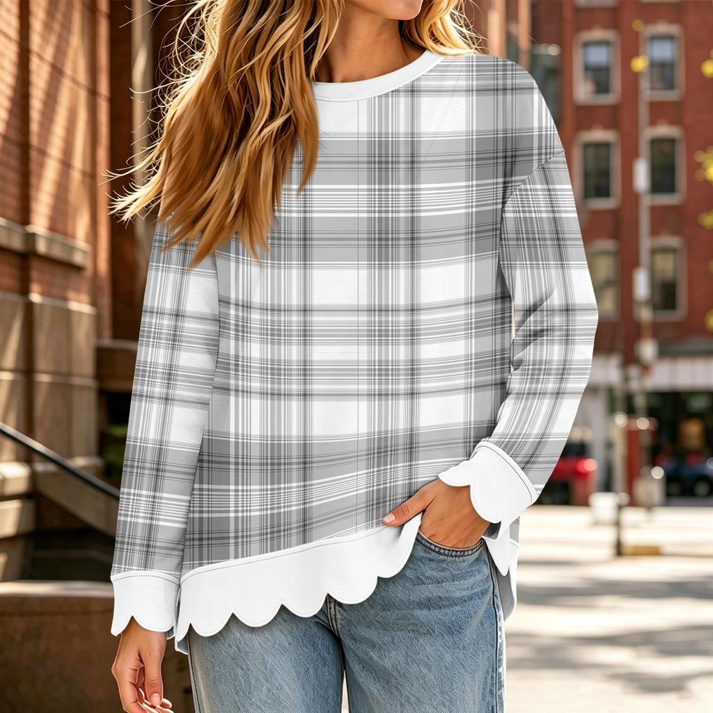Women's Scalloped Wavy Hem Crewneck Sweatshirt Loose Fit Printed Long Sleeve Pullover Top