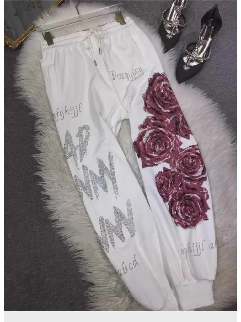 Luxuriöse, figurformende Jogginghose mit Blumenmuster und hoher Taille für Damen – Baumwolle, XXL, 90–136 kg