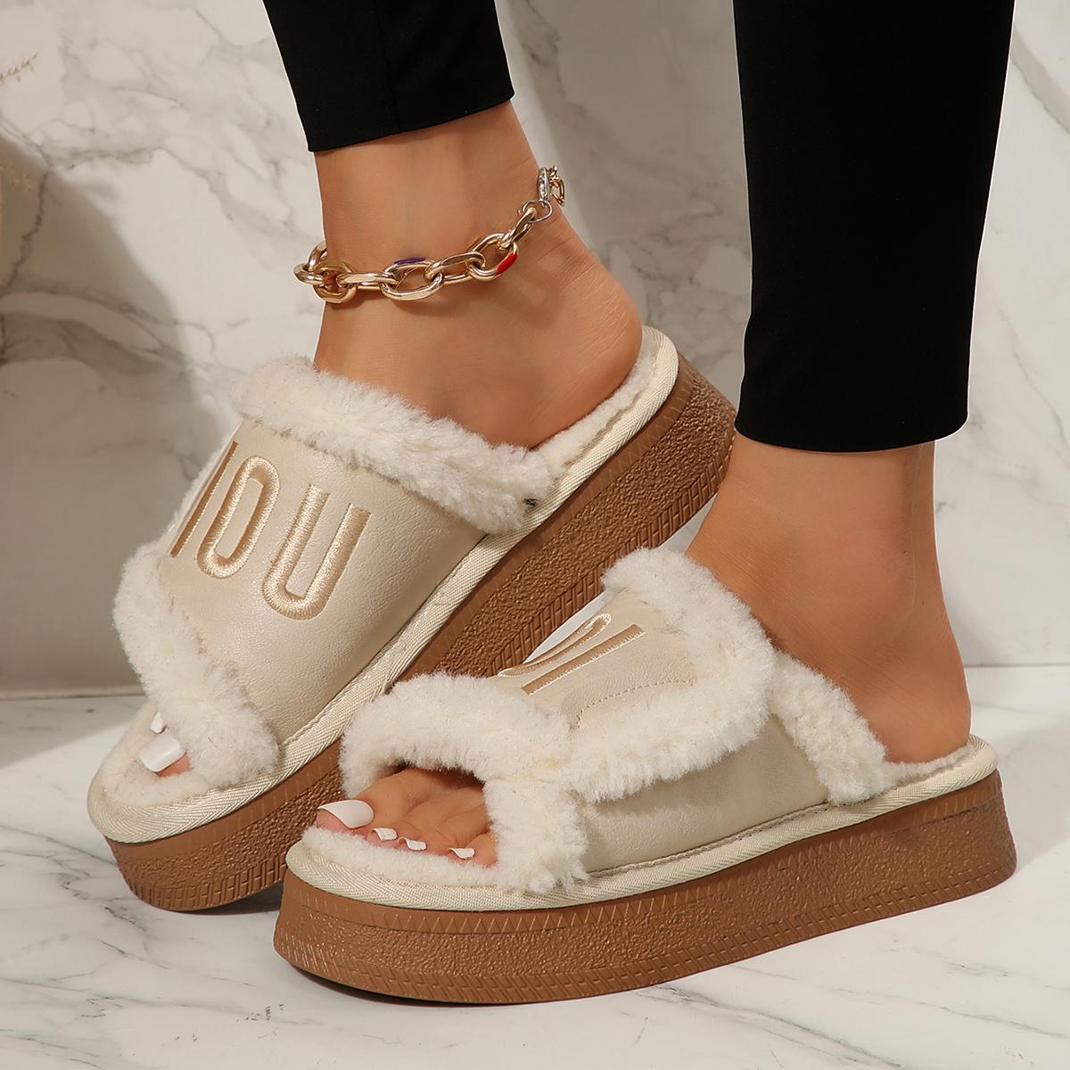 

Fashion Cozy Plush Platform Slippers Women 2024 New Open Toe Furry Sandals Home Fashion Casual Designer Slippers Women Slides Women 36 бежевый