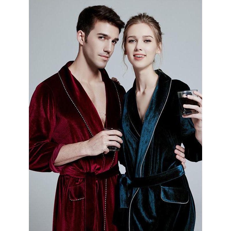 Seven-Yarn Velvet Men's and Women's Couple Lengthened Nightgown Spring & Fall Pajamas Bathrobe Homewear Bride and Groom Morning Gowns