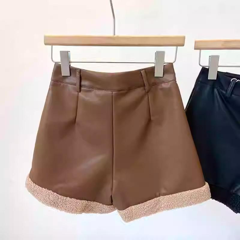 Women's High-Waisted PU Leather Patchwork Fur Shorts: Casual, Stylish, Slim Fit for Autumn & Winter