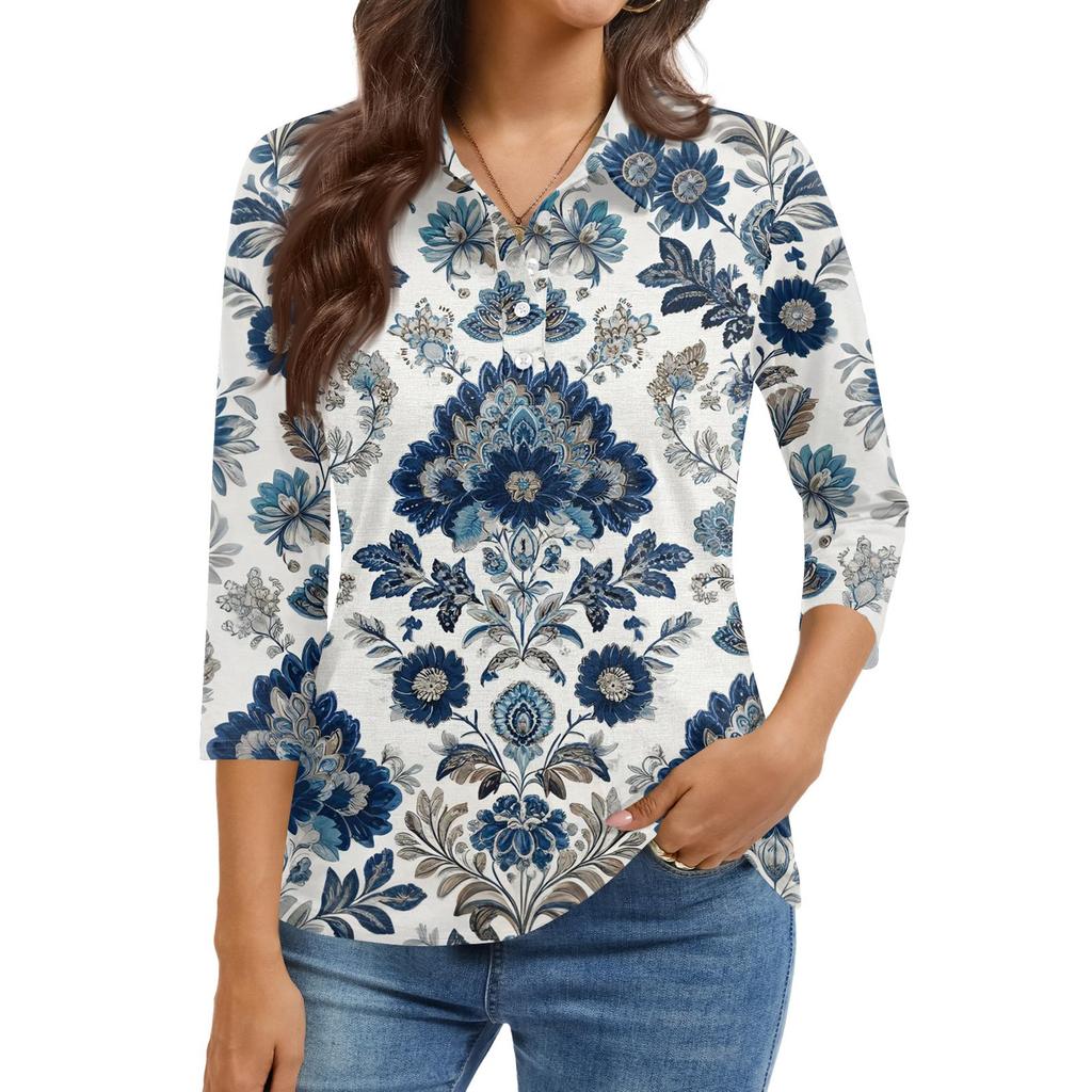 Dámská móda Ležérní klopa Krátký 3/4 rukáv Potisk Košile Dámské zapínací topy