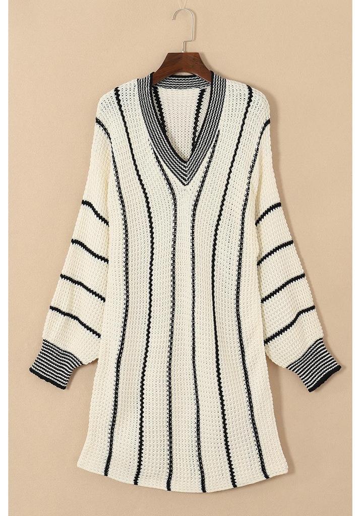 Autumn 2025 V-neck Knit Pullover: European-American Style, Hip-Length Striped Sweater for Women
