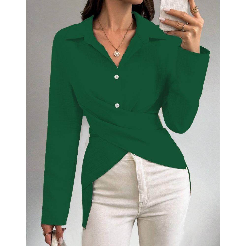 

Женская осенняя простая модная универсальная однотонная рубашка с приталенной талией XXL зелёный