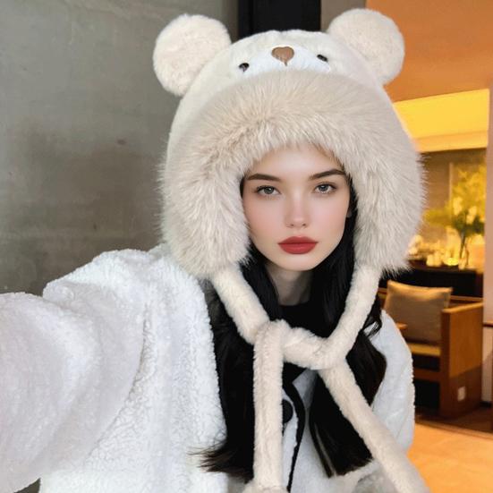 Women Hat Solid Color Thickened Plush Bear Warm Hat