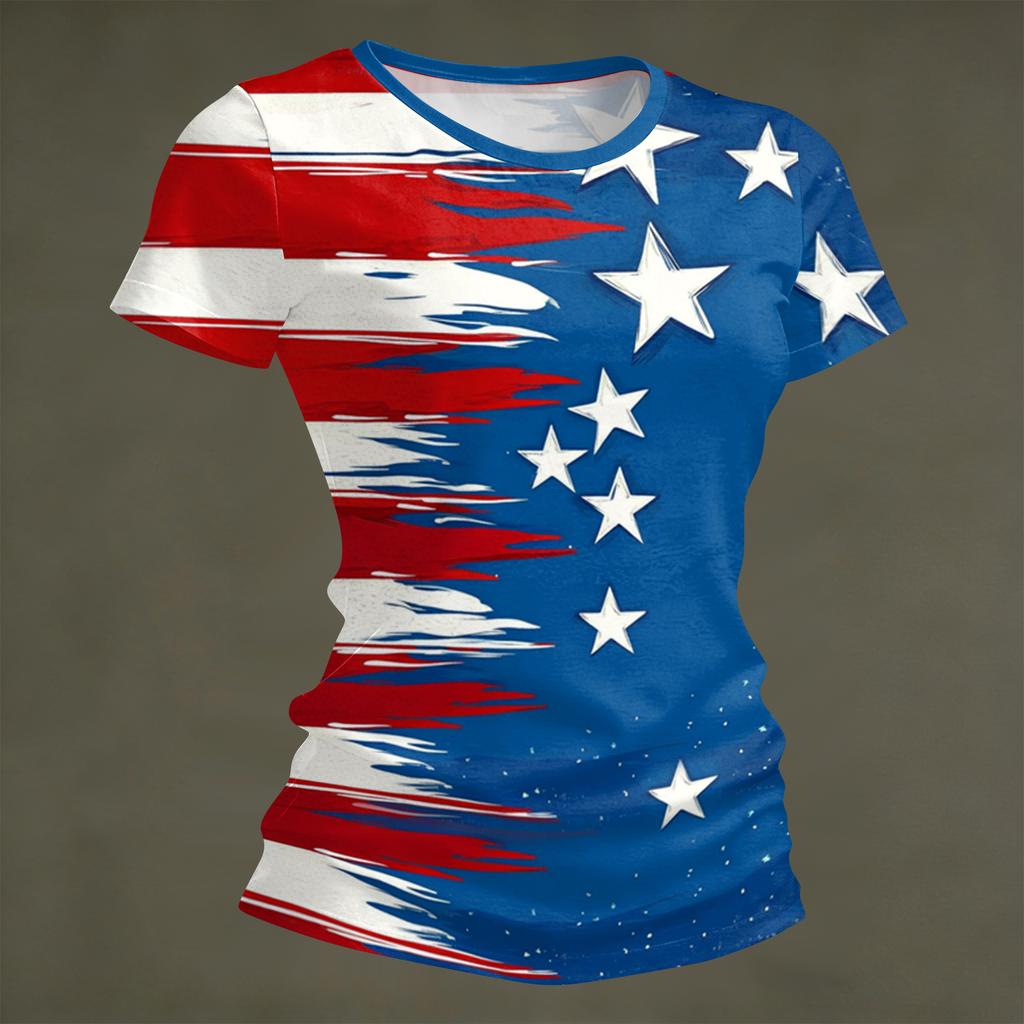 Women's Fashion Round Neck Independence Day Print Short Sleeve Loose Crewneck T-Shirt Top