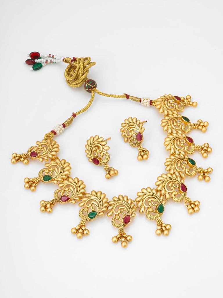 Gold-Plated Multi Stone-Studded & Beaded Jewellery Set