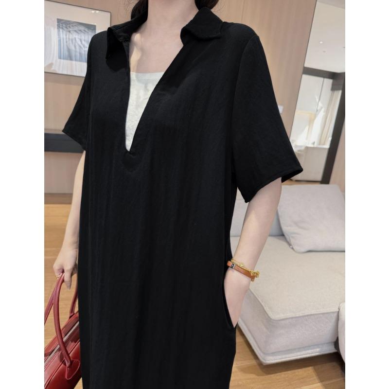DIMANAF 2026 Plus Size New Black Dress Summer Women Shirt Dress Loose Beach Casual Long Dresses V-Neck Elegant