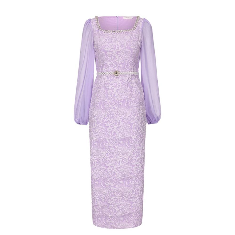 Elegant Summer Autumn Long Dress for Women Vintage Beaded  Formal Evening Jacquard Pencil Dresses