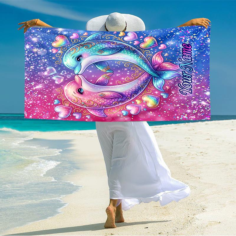 1PC Custom Name Dolphins Love Artwork Beach Towel Highly Absorbent And Sand-Resistant Towel for Swimming, Pool, Yoga, And Travel Lightweight