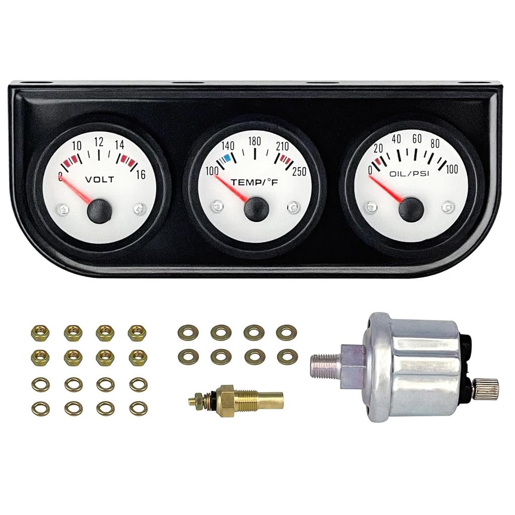 Chrome 3 in1 Triple Auto Gauge Meter Kit 52mm (8-16V Volt Meter +100-250℉ Water Temperature Gauge+ 0-100 psi Oil Pressure Meter) with Console for