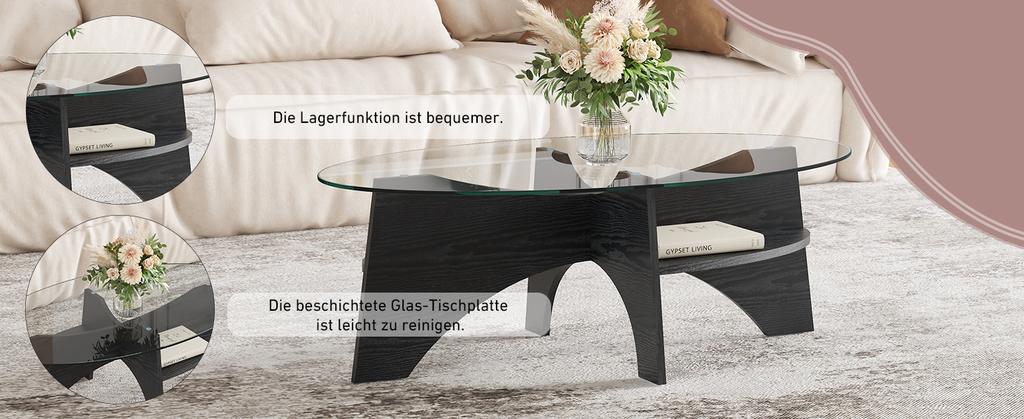 Modern Oval Side Table Made of Safety Glass - Length 104.9cm, Width 60 cm. Table Legs Made of MDF with Black Wood Look. Ideal for Dining Room, Office.