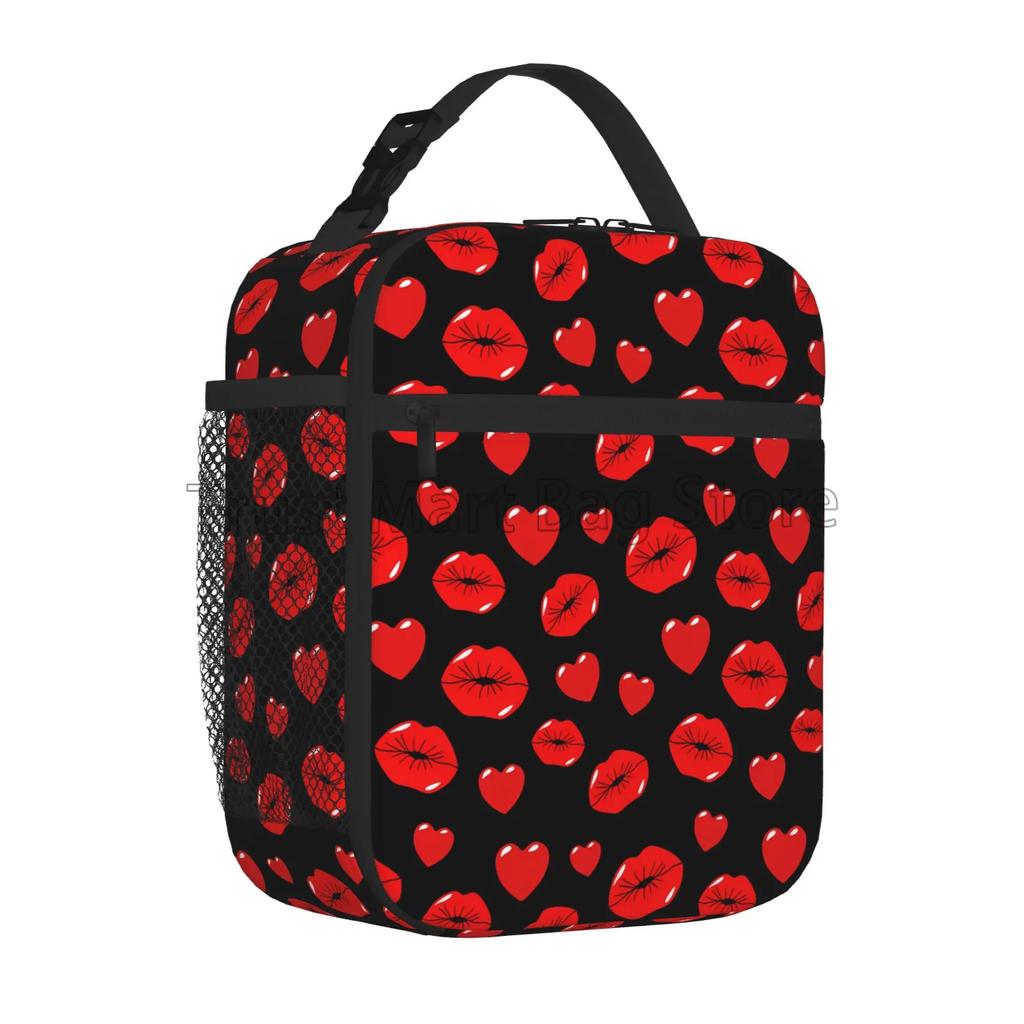 Red Lips Love Kiss Print Insulated Lunch Bag for Women Reusable Waterproof Thermal Bento Tote Bags for Work Travel Beach Picnic