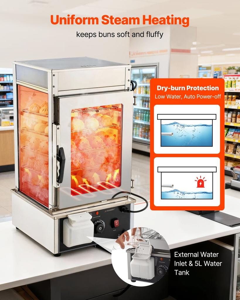 5-Tier Commercial Food Warmer Display, 1200W Food Display Warmer with LED Light, Adjustable Shelf & Stainless Steel Frame, 30~110 Steam Heating, 120L