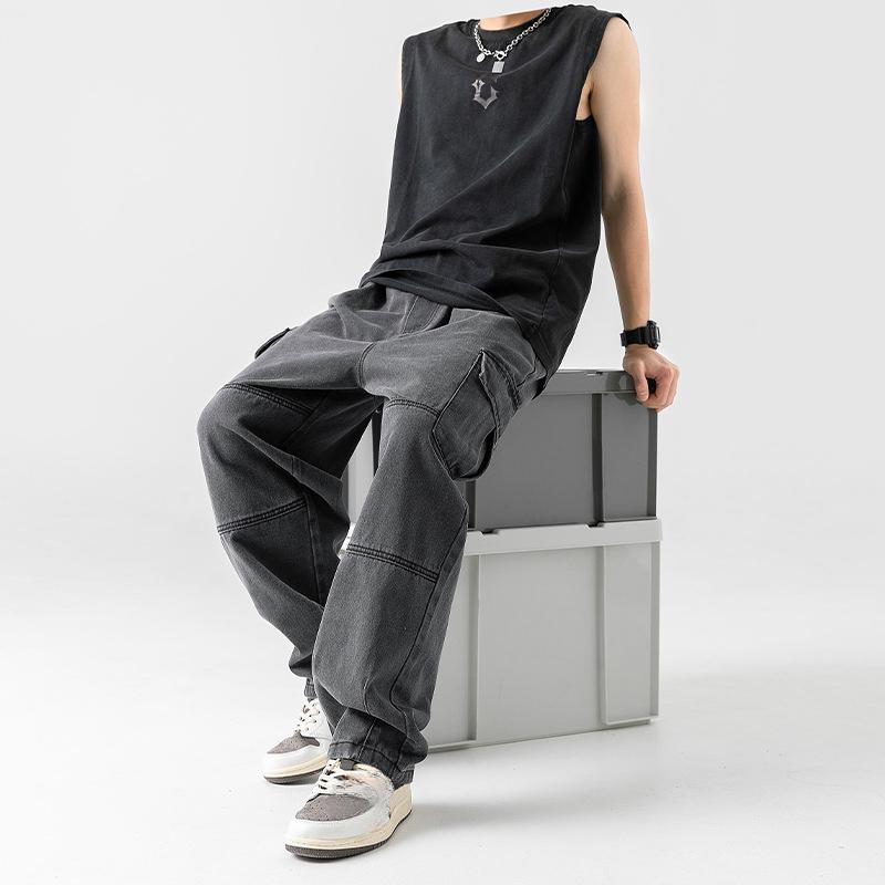 Men's Double Three-dimensional Pocket Jeans Spring Retro Distressed Washed Tooling Trousers Men