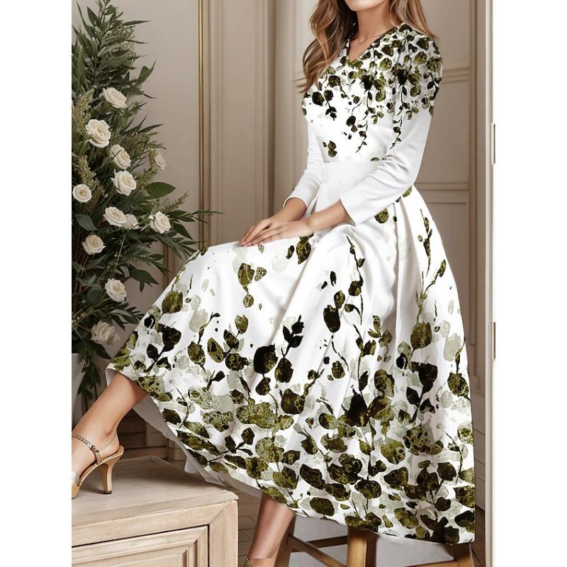 

YYFS Женская мода весна осень цветочный узор принт длинный рукав О-образный вырез средняя талия повседневные платья XL