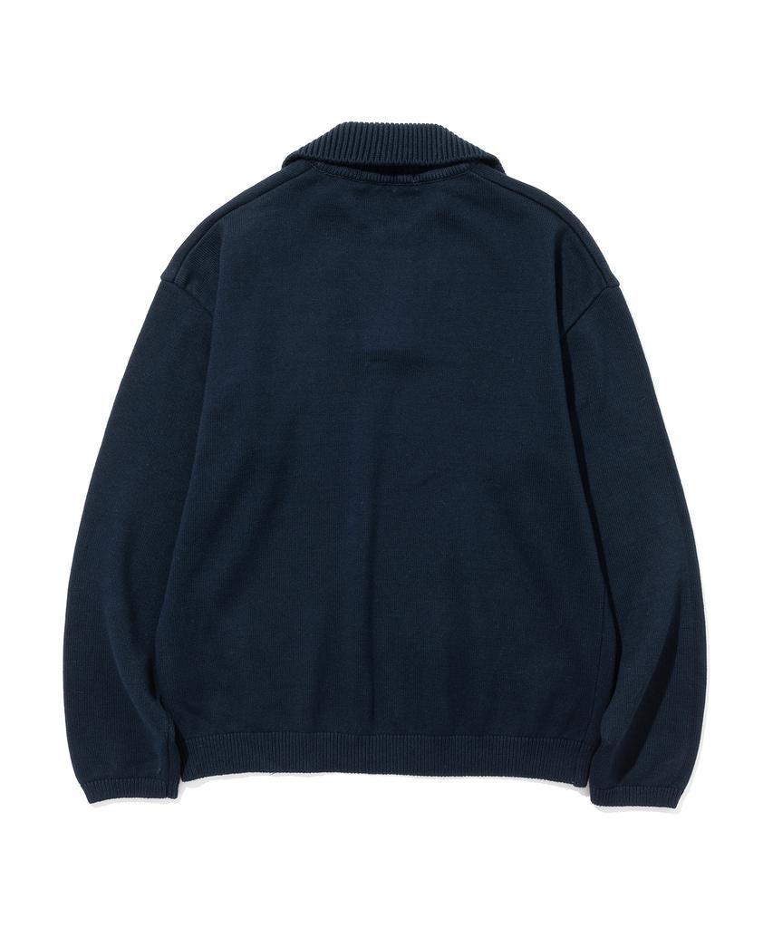 KNITTED Open Collar Ribbed Collar Knit Navy