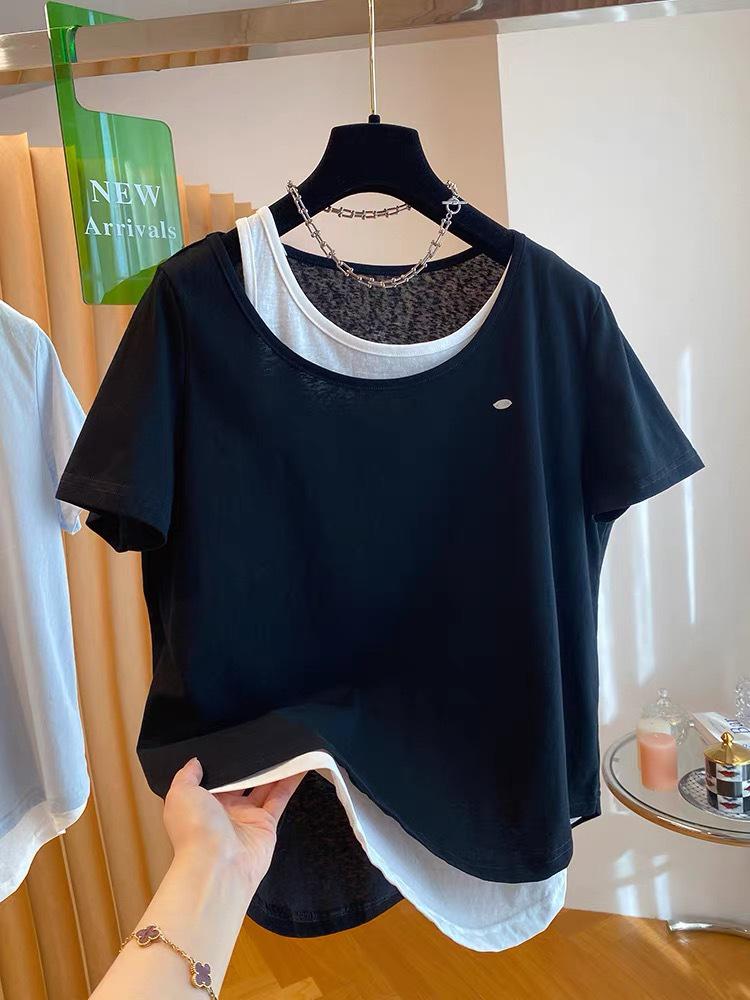 Plus Size Korean Snowflake Cotton Two-Piece Look T-Shirt, Women's Short Sleeve, Loose Casual Top (2026)