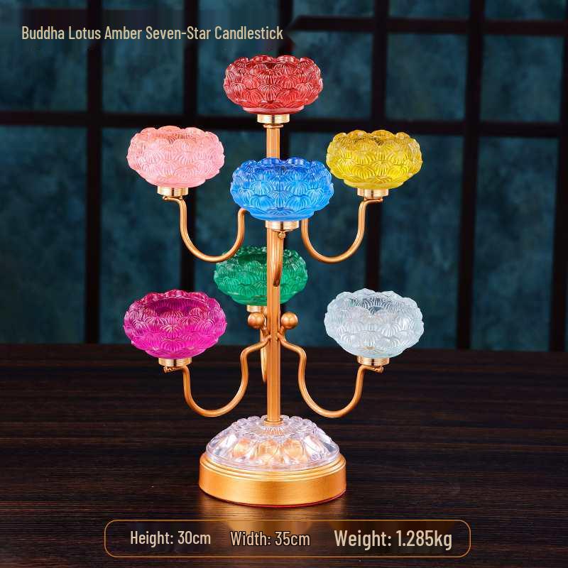 Seven-Star Glass Candle Holder for Buddhist Altar Candles - Long-Burning Ghee Lamp