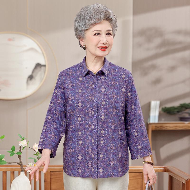 2026 Spring New Grandma Style Long Sleeve Printed Shirt for Middle-aged and Elderly