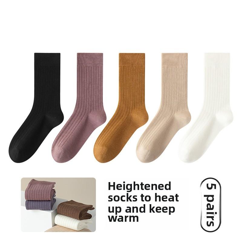 5 Pairs of Female Autumn and Winter Pure Color Warm Boneless Sweat Absorption Breathable Plus Long Pile Socks