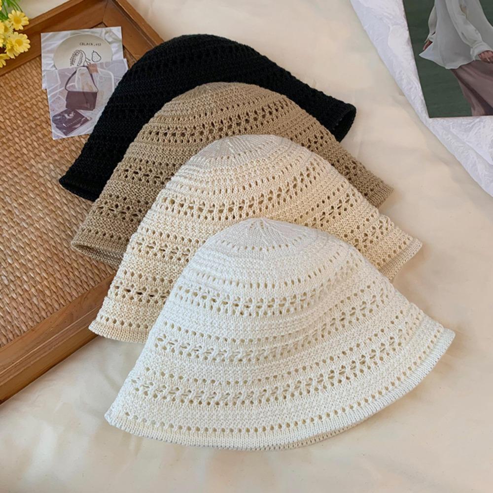 Solid Knit Hollow Out Bucket Hat Women Spring Summer Breathable UV Sun Protection Fisherman Hat