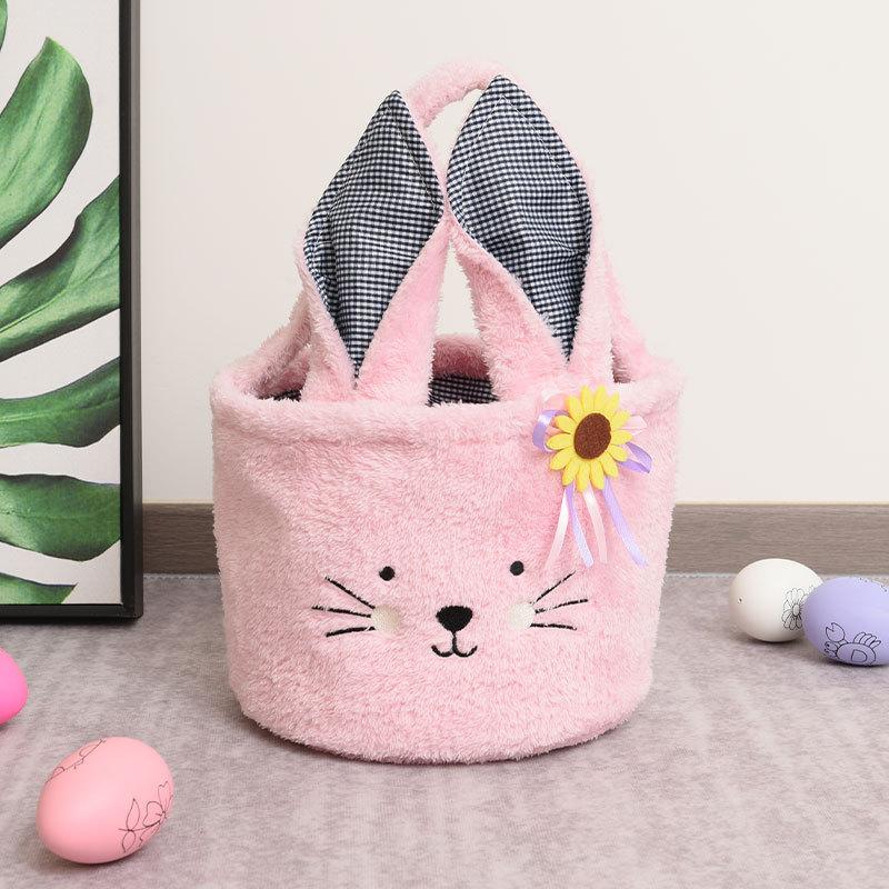 Easter Basket Plush Bunny Candy Bag - Soft Fabric Storage Bin for Kids Cartoon Easter Decor Pastel Gift Holder