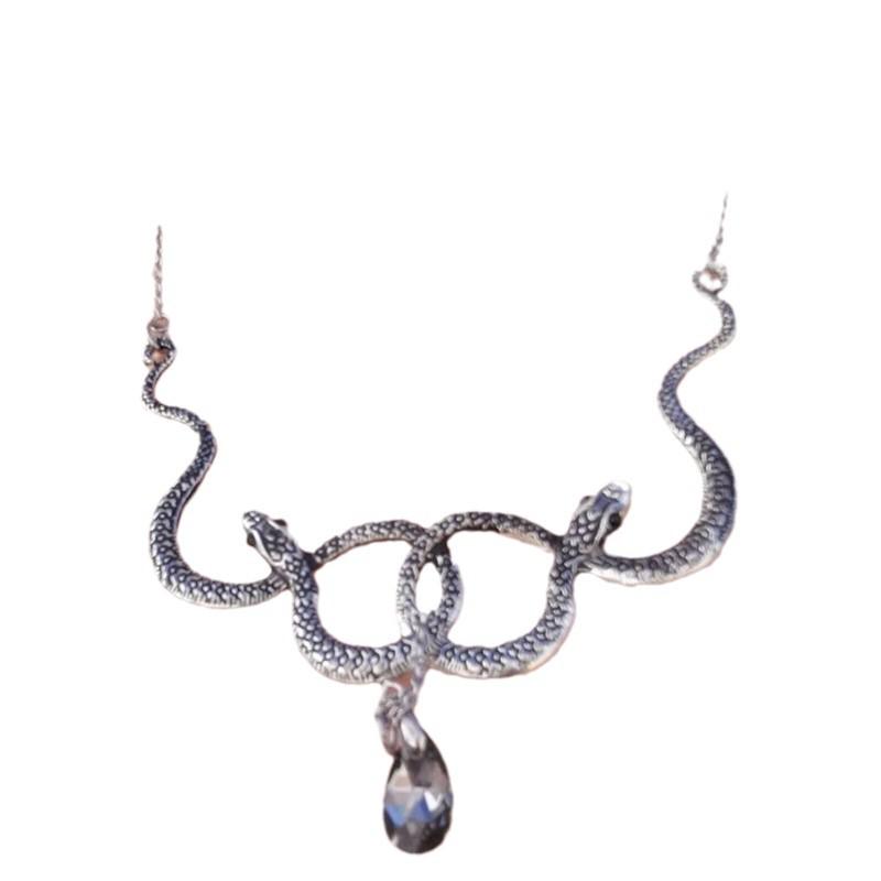 Double Snake Crystal Necklace - Silver Gothic Jewelry, Coiled Design