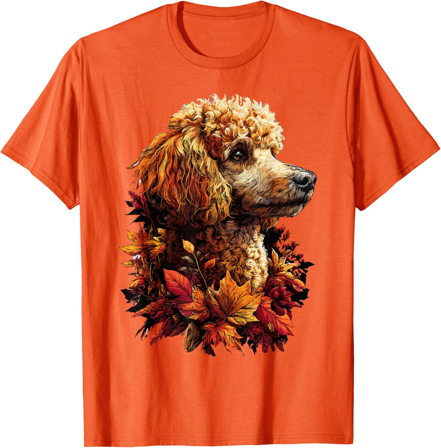 Autumn Poodle Dog Portrait Graphic T-Shirt Men Casual Crewneck Printed Tee Fall Leaves 4XL