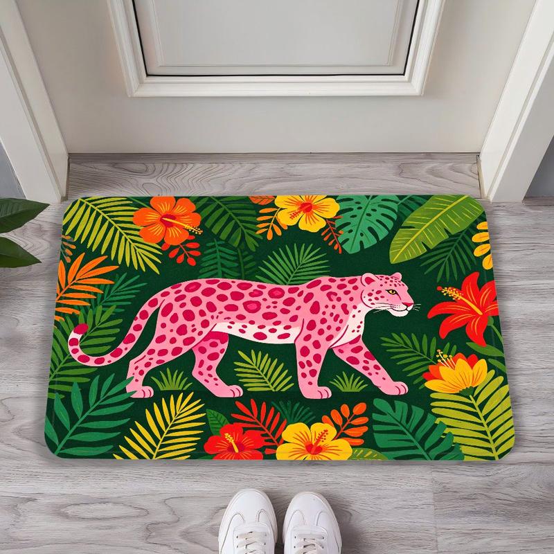 Tropical Pink Leopard Jungle Door Mat, Kitchen Absorbent Carpet, Entrance Non Slip Floor Mat, Home Decoration
