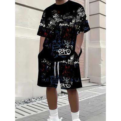 Herren Sommer Buchstabe Graffiti Print Übergroß Zweiteilig Einfach Lässig Streetwear König Druck Strand Anzug Bequem Weich Atmungsaktiv Shorts Sport Set
