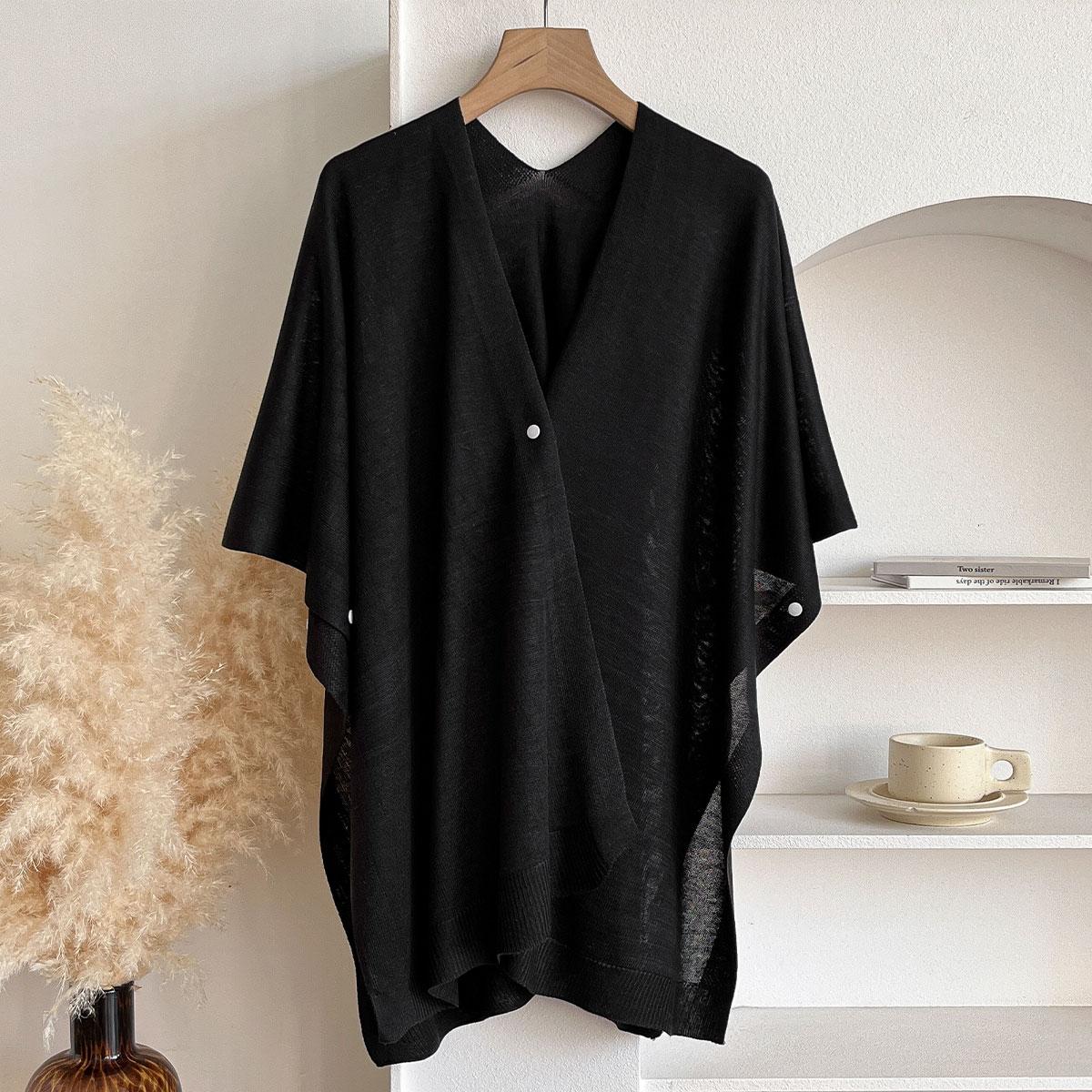 

Latest Design Knitted Cloak Women V-neck Solid Color One Button Shawl Simple Fashion Soft Thin Sunscreen Coat Female Scraf One size чёрный