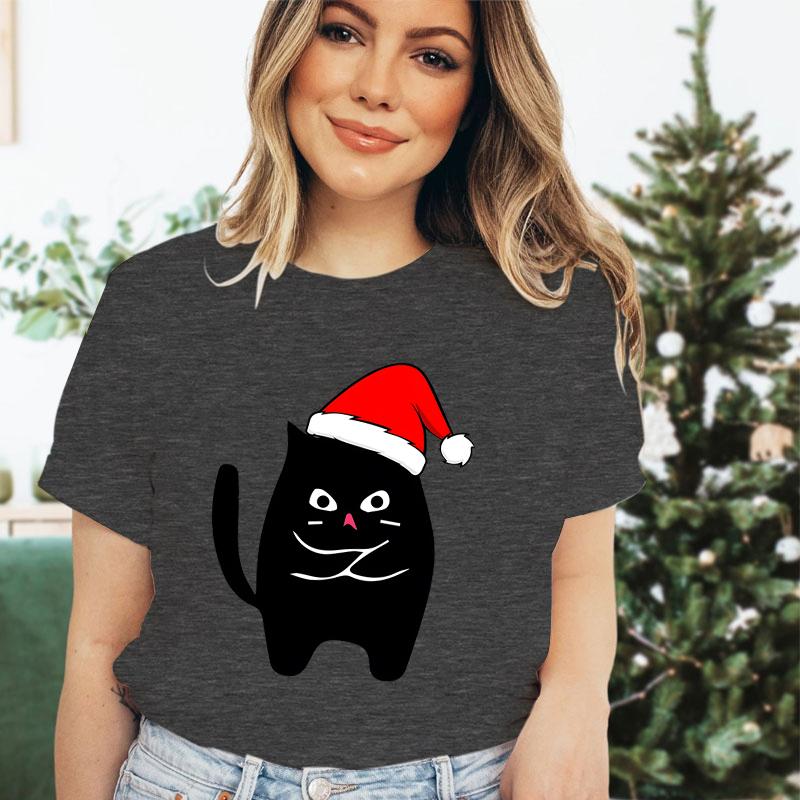 Christmas Black Santa Cat Trend Style Short Sleeve Tshirt Womens Christmas Gift Cute Animals Lovers Cartoon Classic Tshirts
