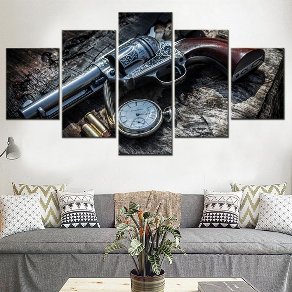 5 Stück Leinwand Wandkunst Poster Gemälde Uhr Waffe Revolver Tapete Bild Druck Heimdekor Wohnzimmer Kunstwerk