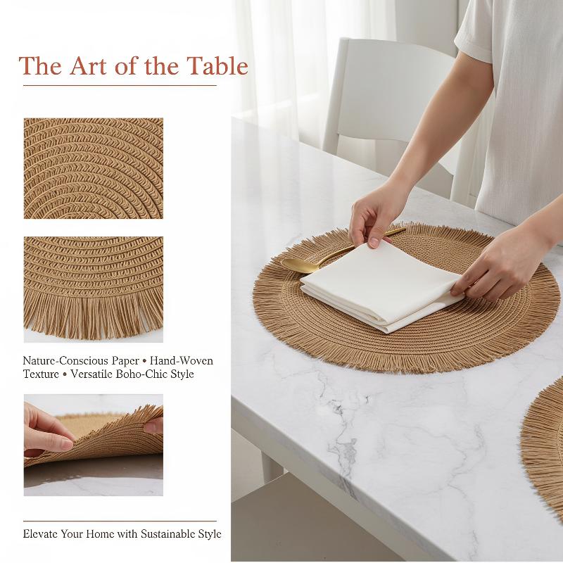 Woven Rattan Round Placemat Handmade Fringe Edge Heat Resistant For Home Dining Table Party Decor
