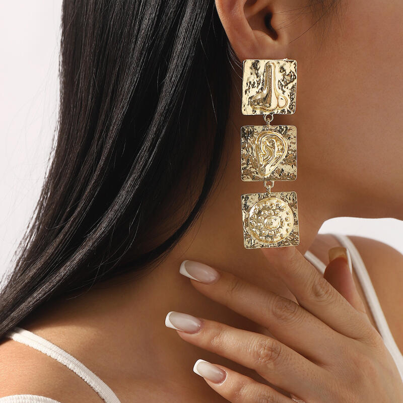 Geometric Square Embossed Nose Ears Eyes Earrings for Women Ladies Exaggerated Personality Dangle Earrings Jewelry Accessories