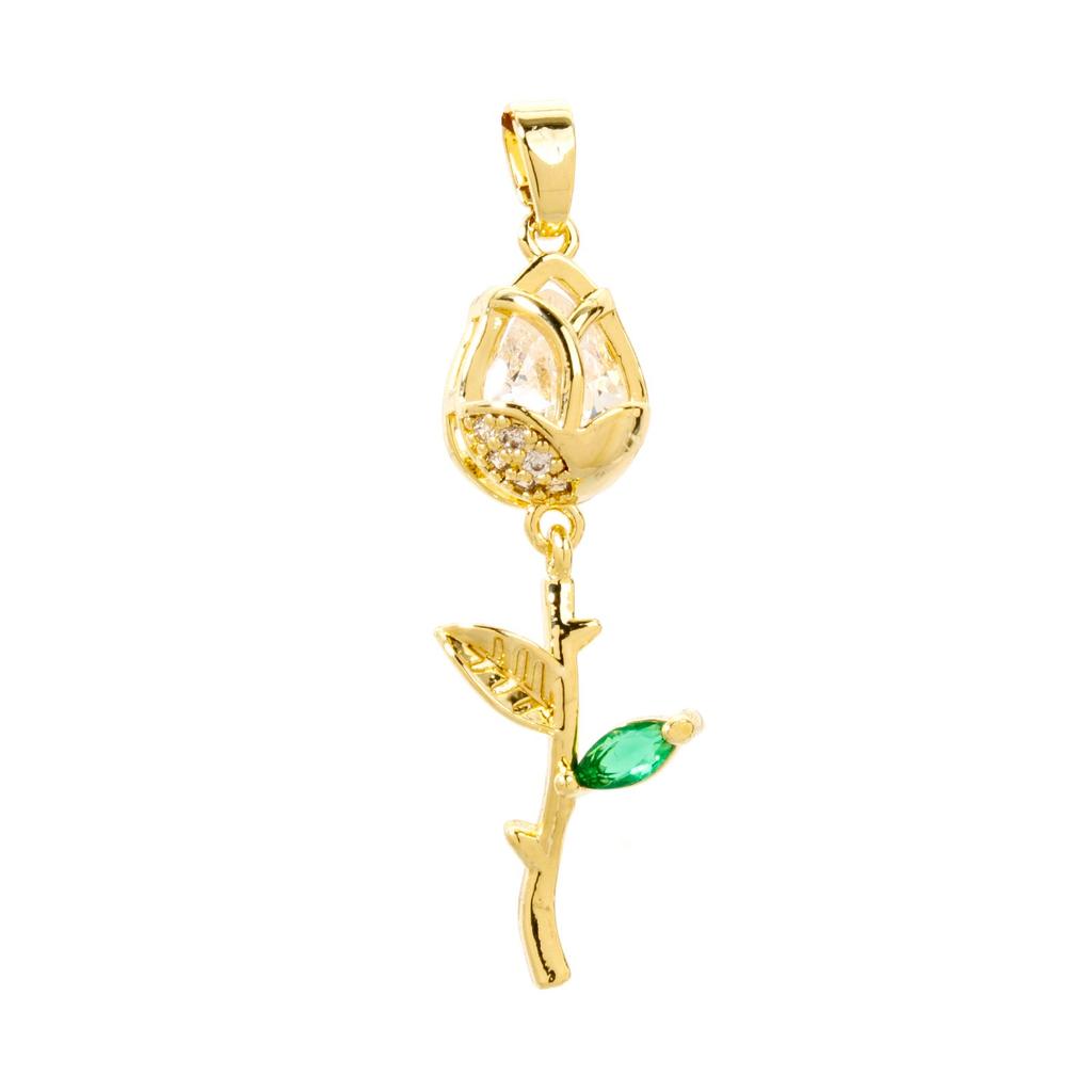 2 PCs Rose Brass 8K Gold Plated Tulip Flower Micro Pave Clear Cubic Zirconia Pendants Exquisite Jewelry Findings 3.8cm x 1.2cm