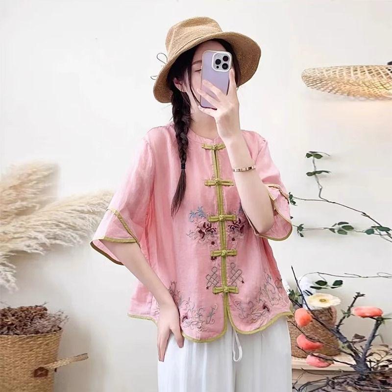 

Ретро рубашка с рукавом семь восьмых из хлопка и льна с китайской вышивкой и застежкой-лягушкой 3XL розовый