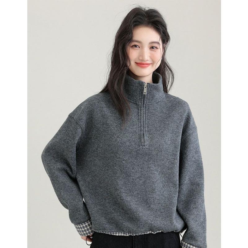 Stand-up Collar Velvet Half-zip Sweatshirt for Women Autumn and Winter New Thickened Warm Plaid Splicing Top