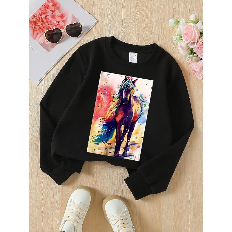 Kids Unisex Crewneck Sweatshirt, Colorful Watercolor Running Horse Splash Ink Print Soft Fleece Pullover For Kids Over 4 Years Old