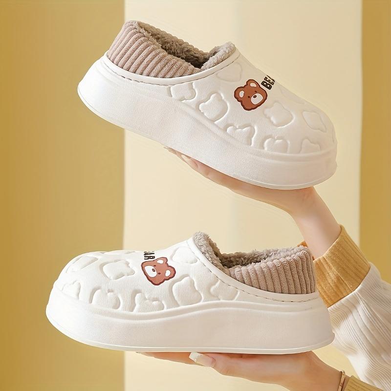 Mit Plüsch gefütterte Hausschuhe mit Cartoon-Bär für Damen, wasserdichte Hausschuhe, modische Hausschuhe für drinnen und draußen mit weicher EVA-Sohle