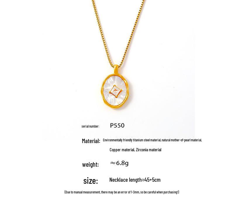 Brand French Retro Mother-of-Pearl Zircon Inlaid Copper Pendant with 18k Gold Plated Titanium Steel Chain
