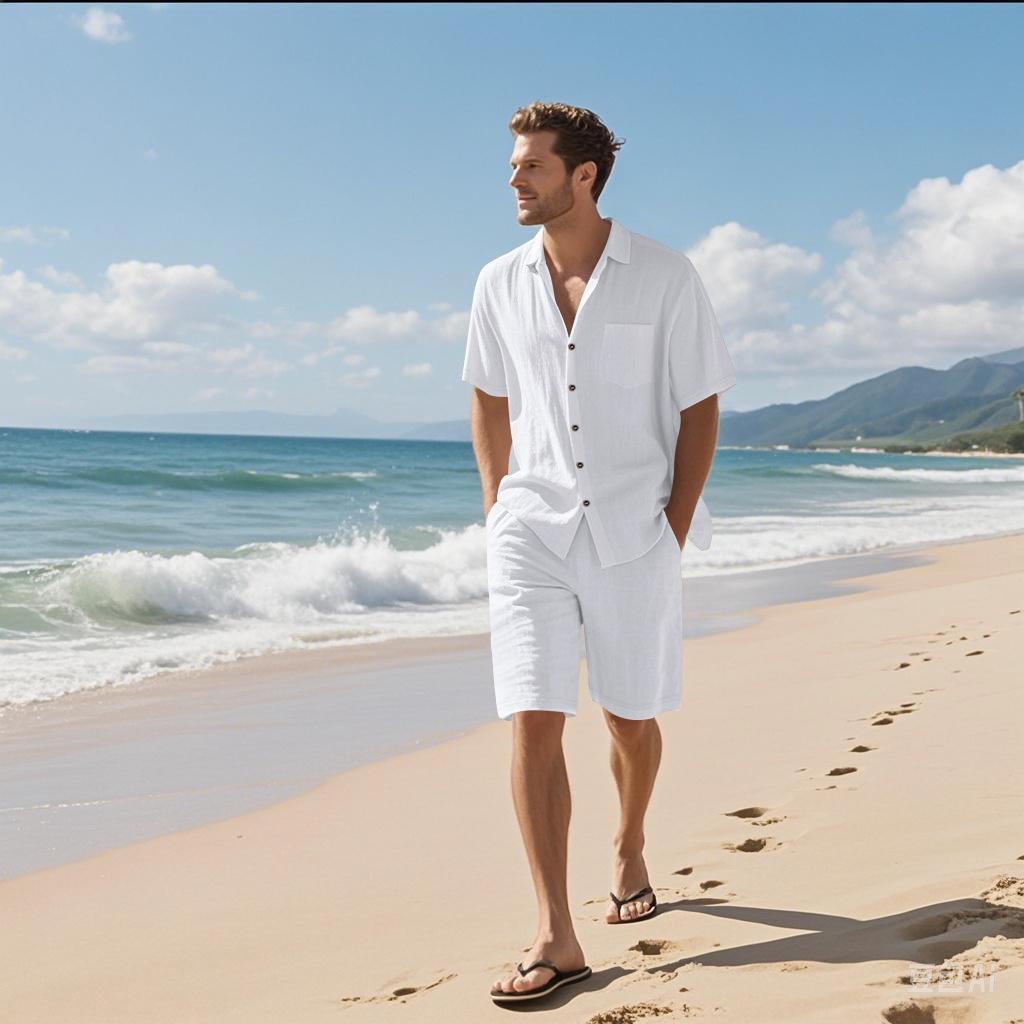 Men's Summer Linen Short-Sleeve Shirt & Shorts Set - Casual Loose Fit, Cotton-Linen Fabric.